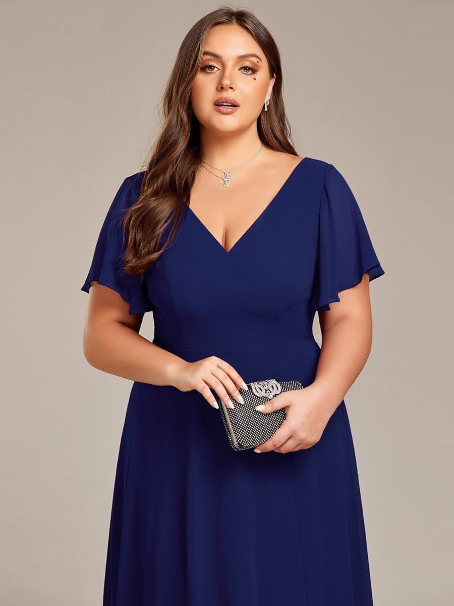 Plus Size Flowing Chiffon V-Neck Ruffle Sleeves Bridesmaid Dress #color_Navy Blue