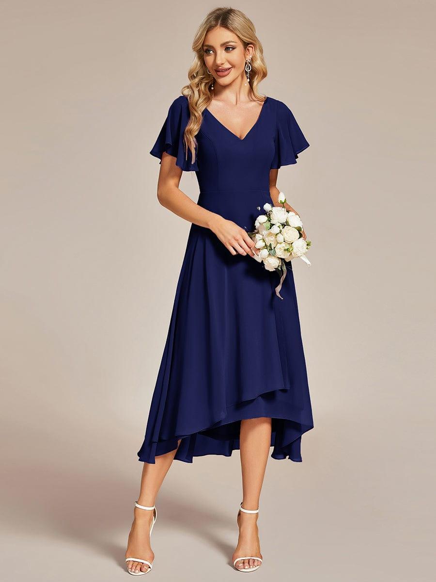 Flowing Chiffon V-Neck Ruffle Sleeves Bridesmaid Dress #color_Navy Blue