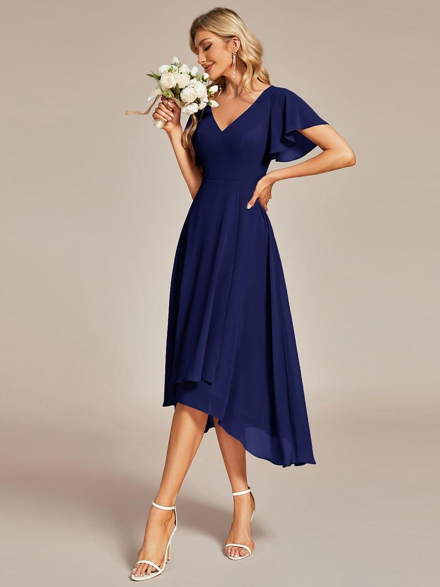 Flowing Chiffon V-Neck Ruffle Sleeves Bridesmaid Dress #color_Navy Blue