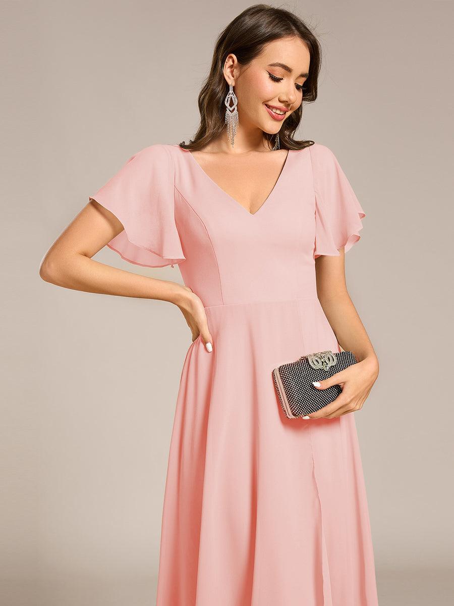 Flowing Chiffon V-Neck Ruffle Sleeves Bridesmaid Dress #color_Pink
