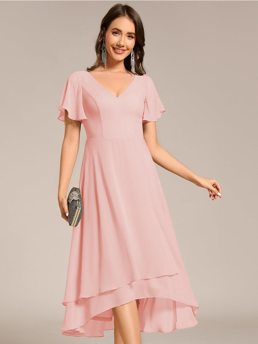 Flowing Chiffon V-Neck Ruffle Sleeves Bridesmaid Dress #color_Pink