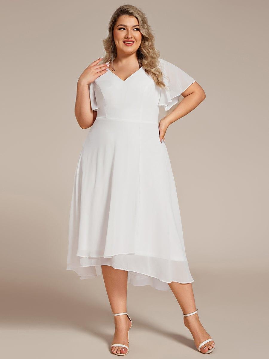 Plus Size Flowing Chiffon V-Neck Ruffle Sleeves Bridesmaid Dress #color_White