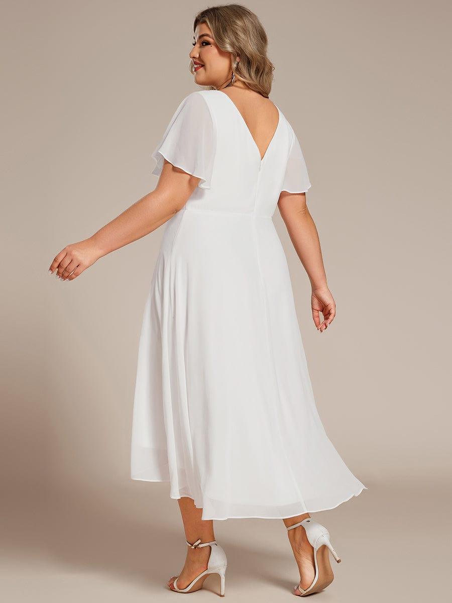 Plus Size Flowing Chiffon V-Neck Ruffle Sleeves Bridesmaid Dress #color_White