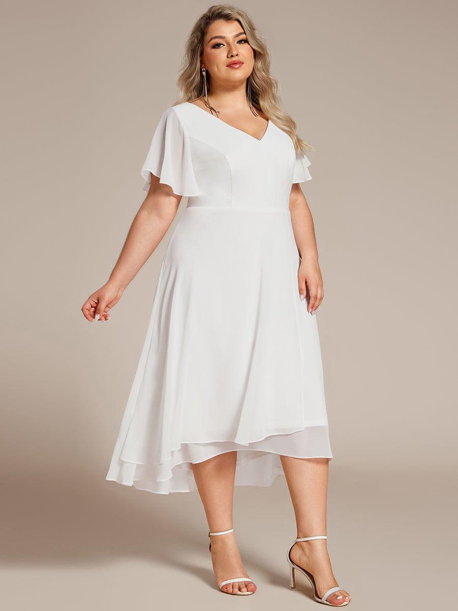 Plus Size Flowing Chiffon V-Neck Ruffle Sleeves Bridesmaid Dress #color_White