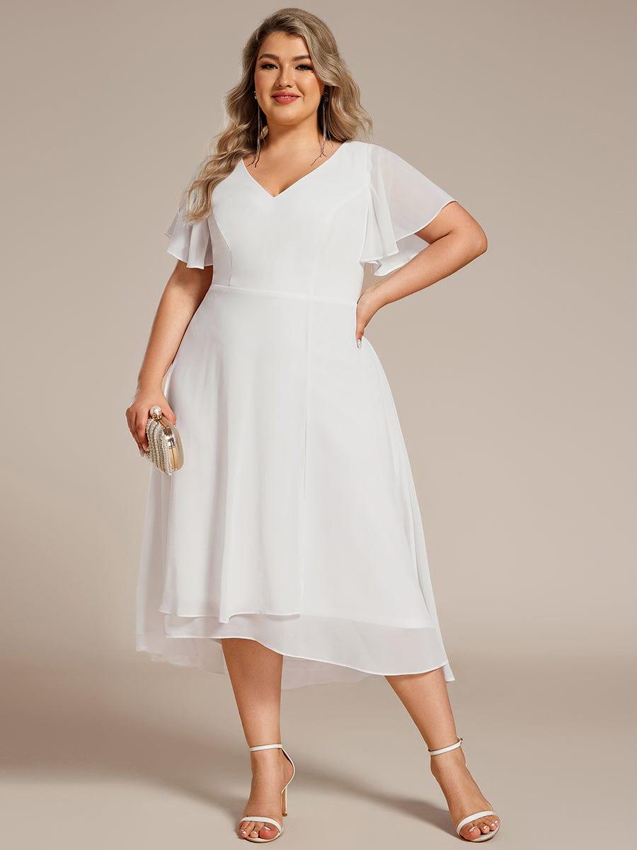 Plus Size Flowing Chiffon V-Neck Ruffle Sleeves Bridesmaid Dress #color_White
