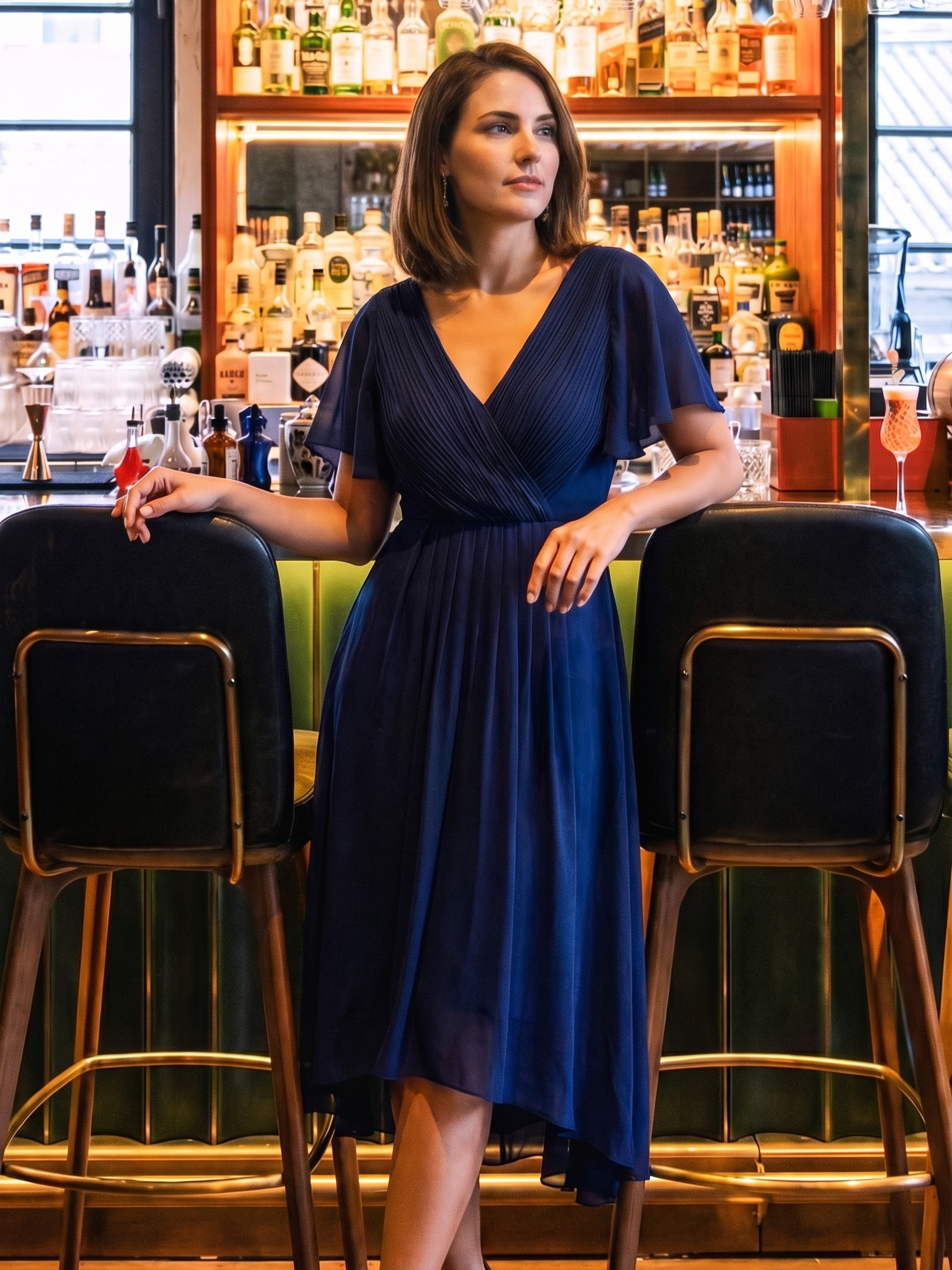 Chic V Neck Asymmetrical Hem Ruffles Sleeve Pleated Chiffon Wedding Guest Dress #color_Navy Blue