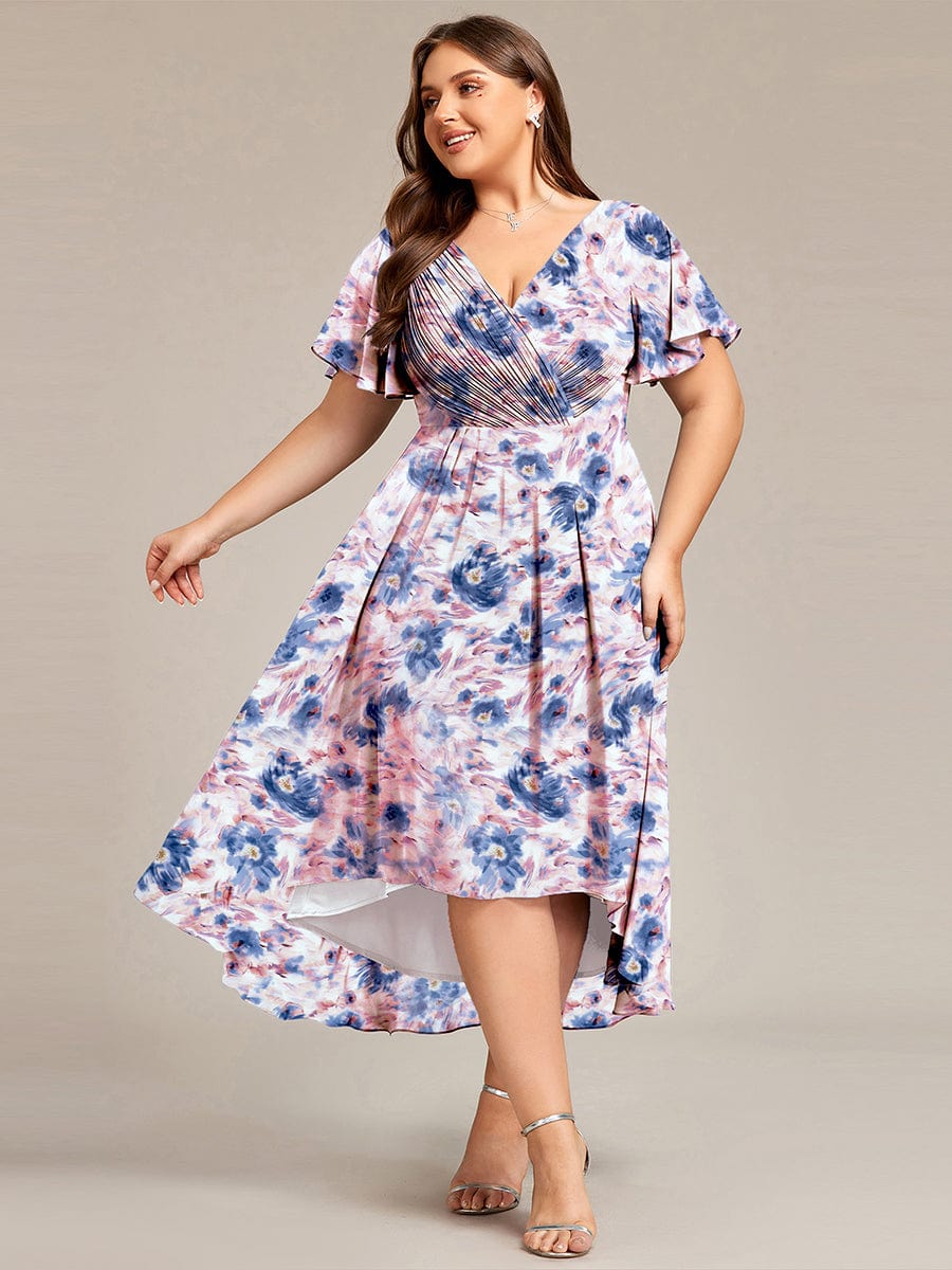 Elegant V-Neck Flowy High-Low Short Sleeve Wedding Guest Dress #color_Azure Bream