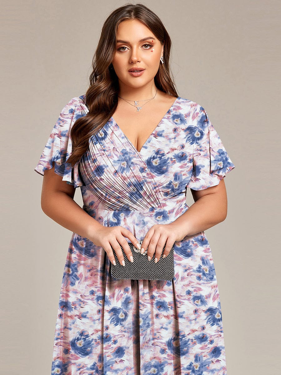 Elegant V-Neck Flowy High-Low Short Sleeve Wedding Guest Dress #color_Azure Bream