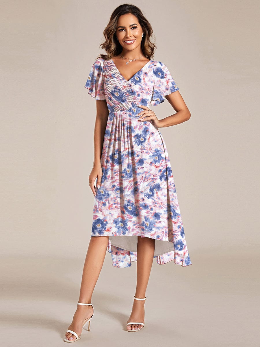Elegant V-Neck Flowy High-Low Short Sleeve Wedding Guest Dress #color_Azure Bream