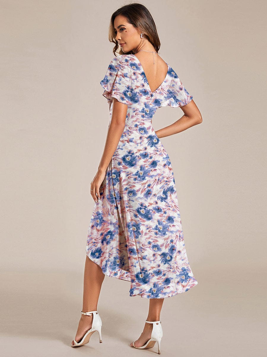 Elegant V-Neck Flowy High-Low Short Sleeve Wedding Guest Dress #color_Azure Bream