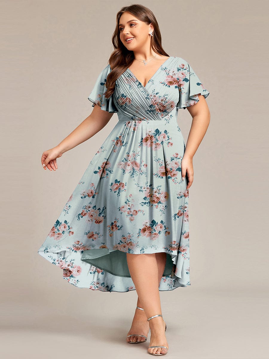 Elegant V-Neck Flowy High-Low Short Sleeve Wedding Guest Dress #color_Amber Bloom