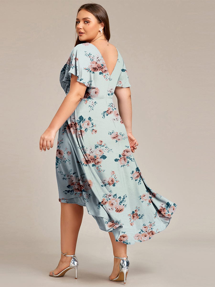Elegant V-Neck Flowy High-Low Short Sleeve Wedding Guest Dress #color_Amber Bloom