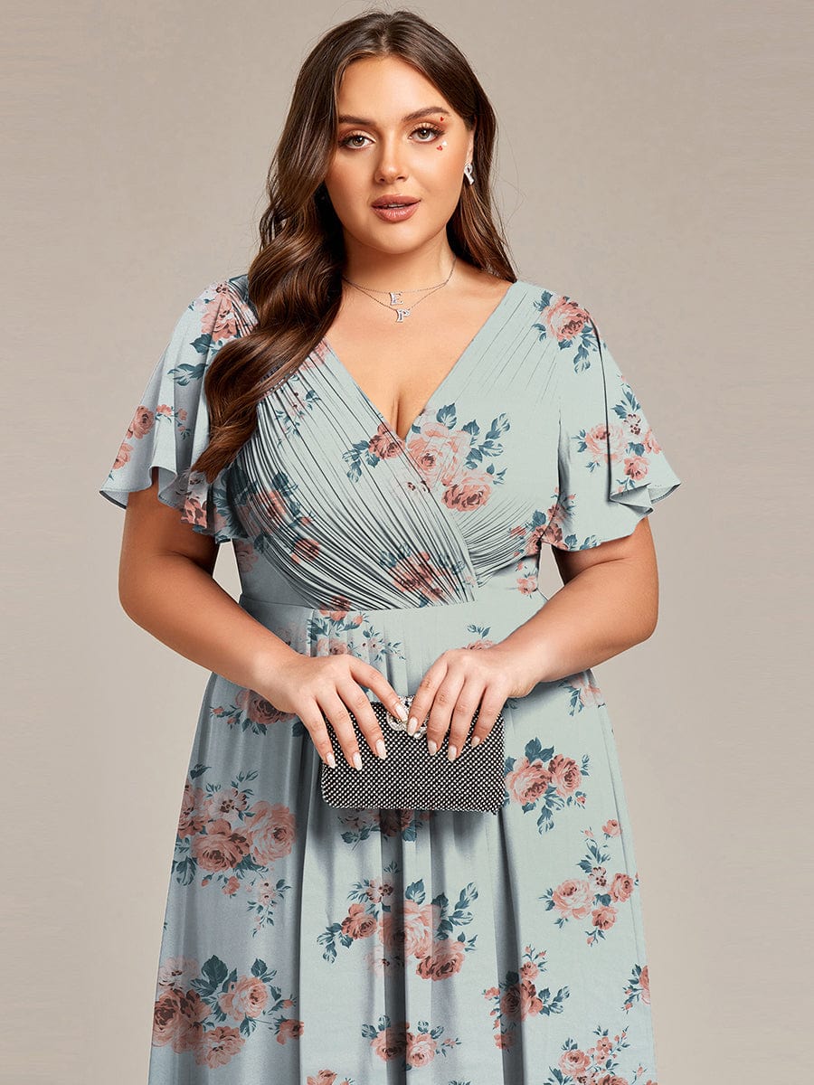 Elegant V-Neck Flowy High-Low Short Sleeve Wedding Guest Dress #color_Amber Bloom