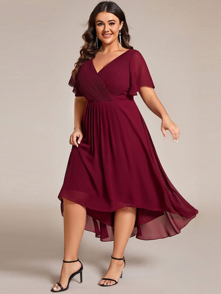 Plus Size Double V-Neck Ruffles Sleeve Chiffon Midi Wedding Guest Dress #color_Burgundy