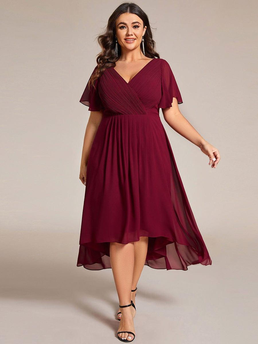 Plus Size Double V-Neck Ruffles Sleeve Chiffon Midi Wedding Guest Dress #color_Burgundy