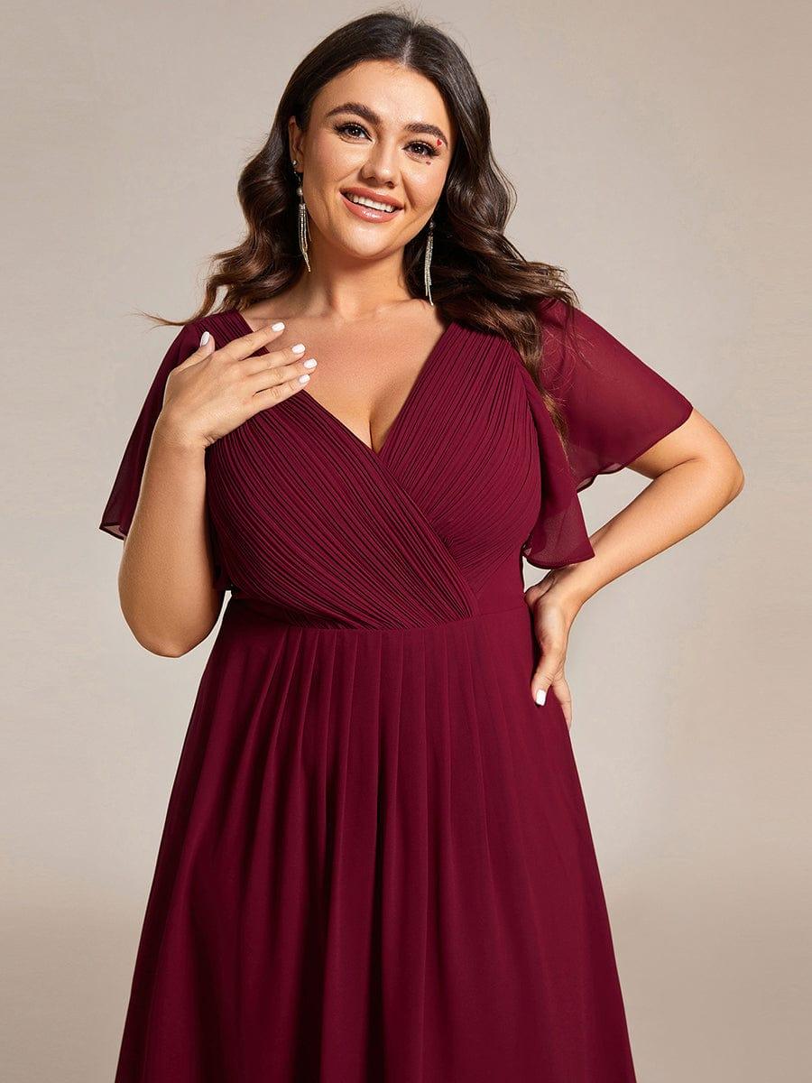 Plus Size V-Neck Pleated Chiffon Midi Wedding Guest Dress #color_Burgundy