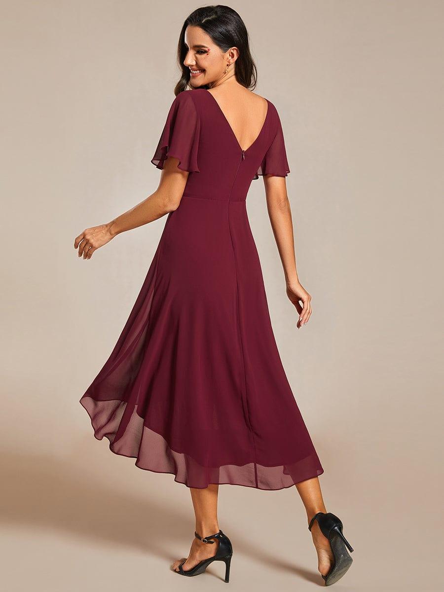 Plus Size V-Neck Pleated Chiffon Midi Wedding Guest Dress #color_Burgundy