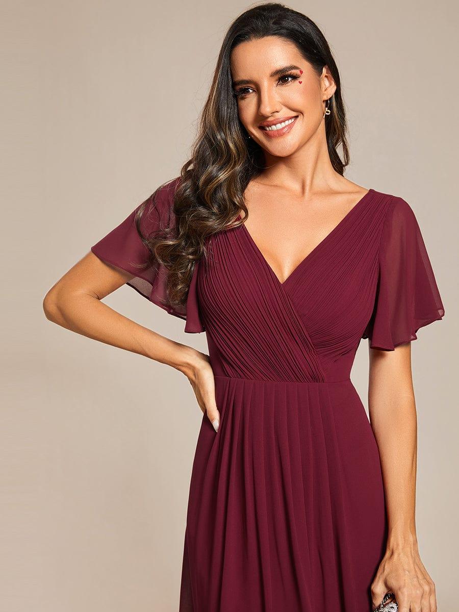 Plus Size Pleated Midi Ruffles Sleeve Chiffon Bridesmaid Dress #color_Burgundy