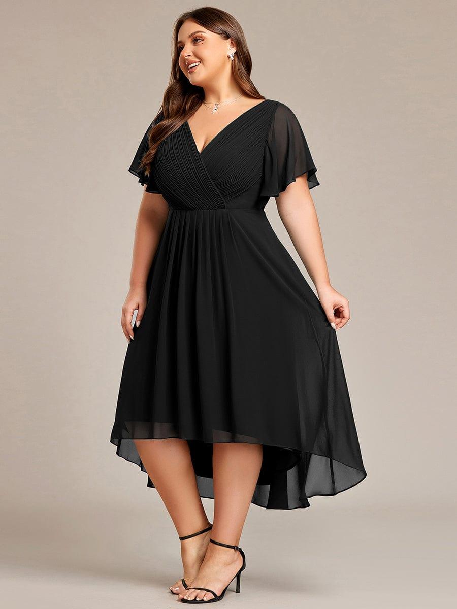 Plus Size Double V-Neck Ruffles Sleeve Chiffon Midi Wedding Guest Dress #color_Black