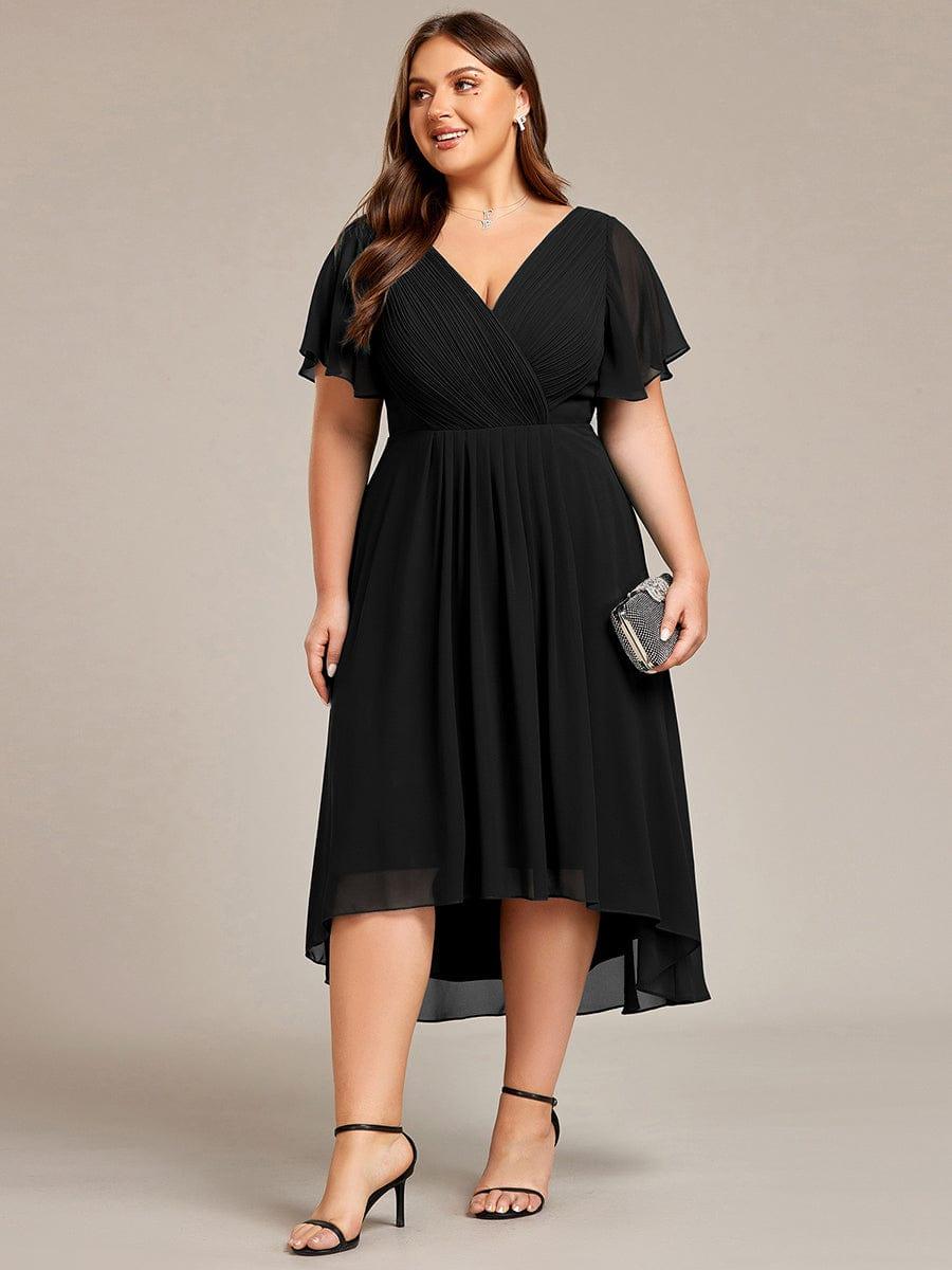 Plus Size Double V-Neck Ruffles Sleeve Chiffon Midi Wedding Guest Dress #color_Black