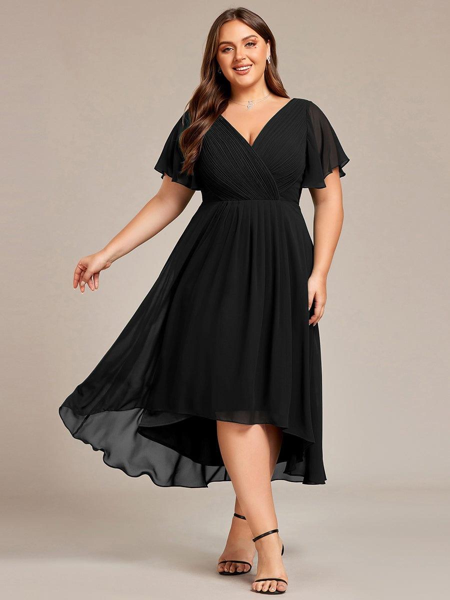 Plus Size Double V-Neck Ruffles Sleeve Chiffon Midi Wedding Guest Dress #color_Black