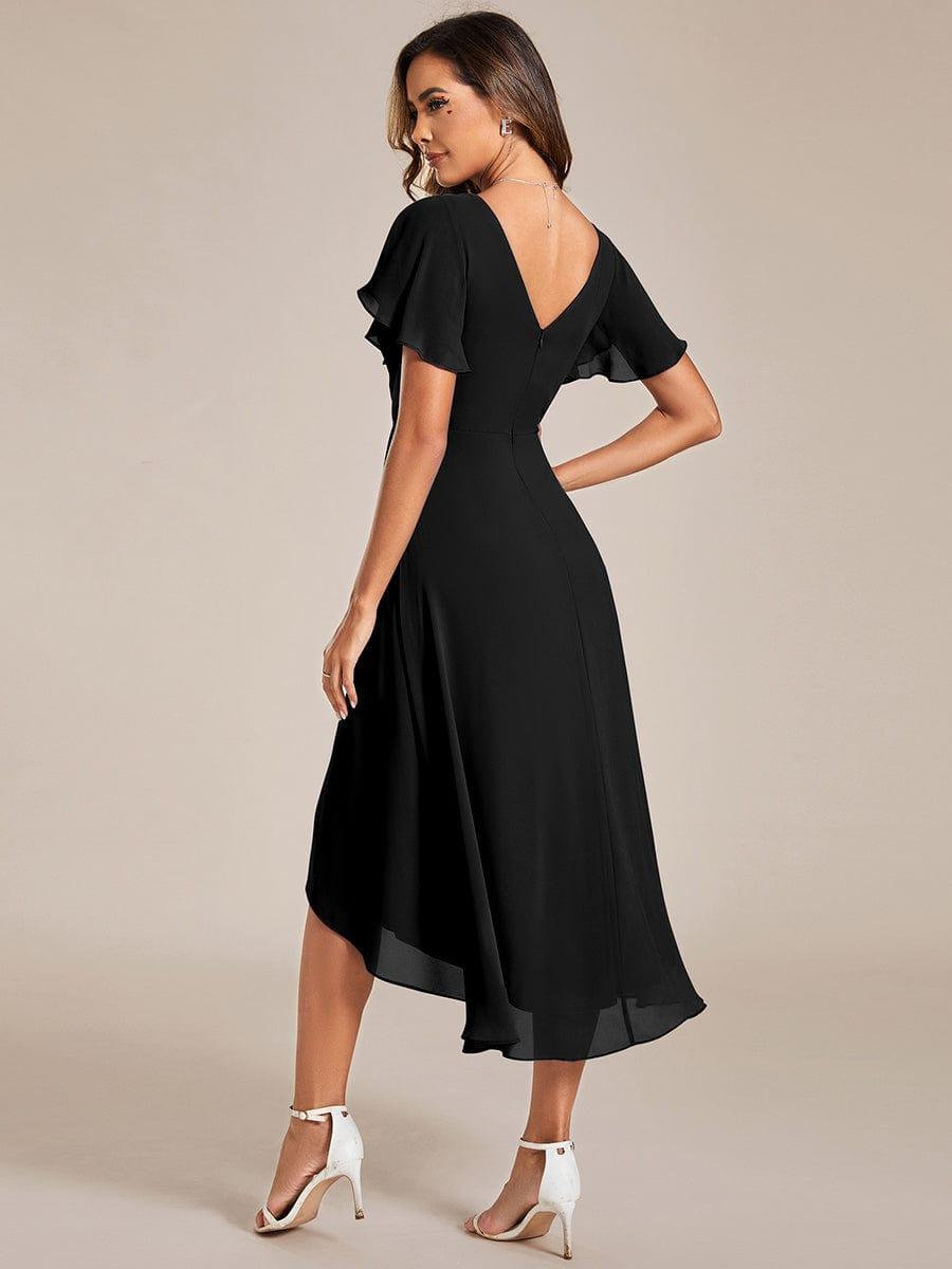 Plus Size Pleated Midi Ruffles Sleeve Chiffon Bridesmaid Dress #color_Black