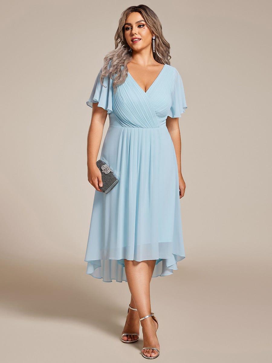 Plus Size Double V-Neck Ruffles Sleeve Chiffon Midi Wedding Guest Dress #color_Sky Blue
