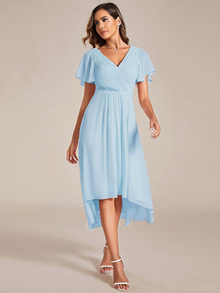 Chic V Neck Asymmetrical Hem Ruffles Sleeve Pleated Chiffon Wedding Guest Dress #color_Sky Blue