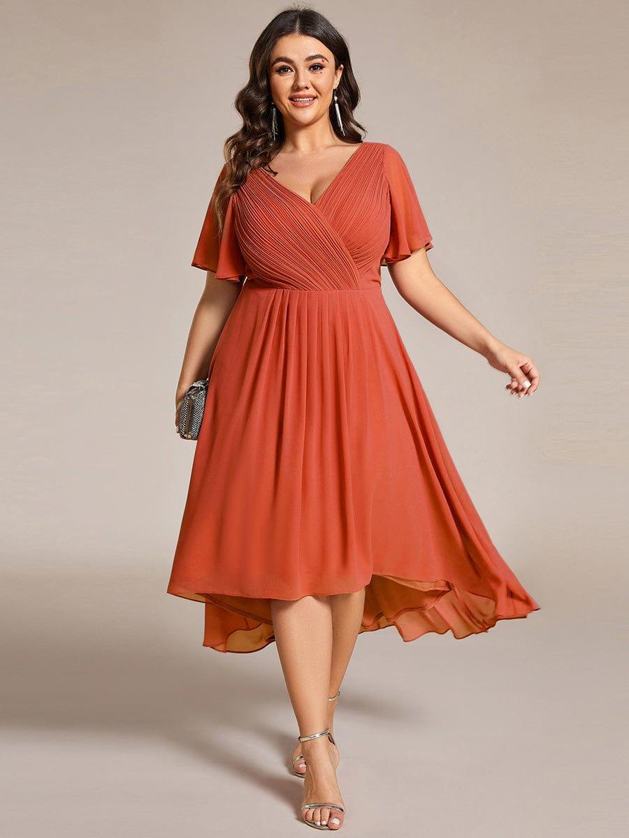 Plus Size Double V-Neck Ruffles Sleeve Chiffon Midi Wedding Guest Dress #color_Burnt Orange