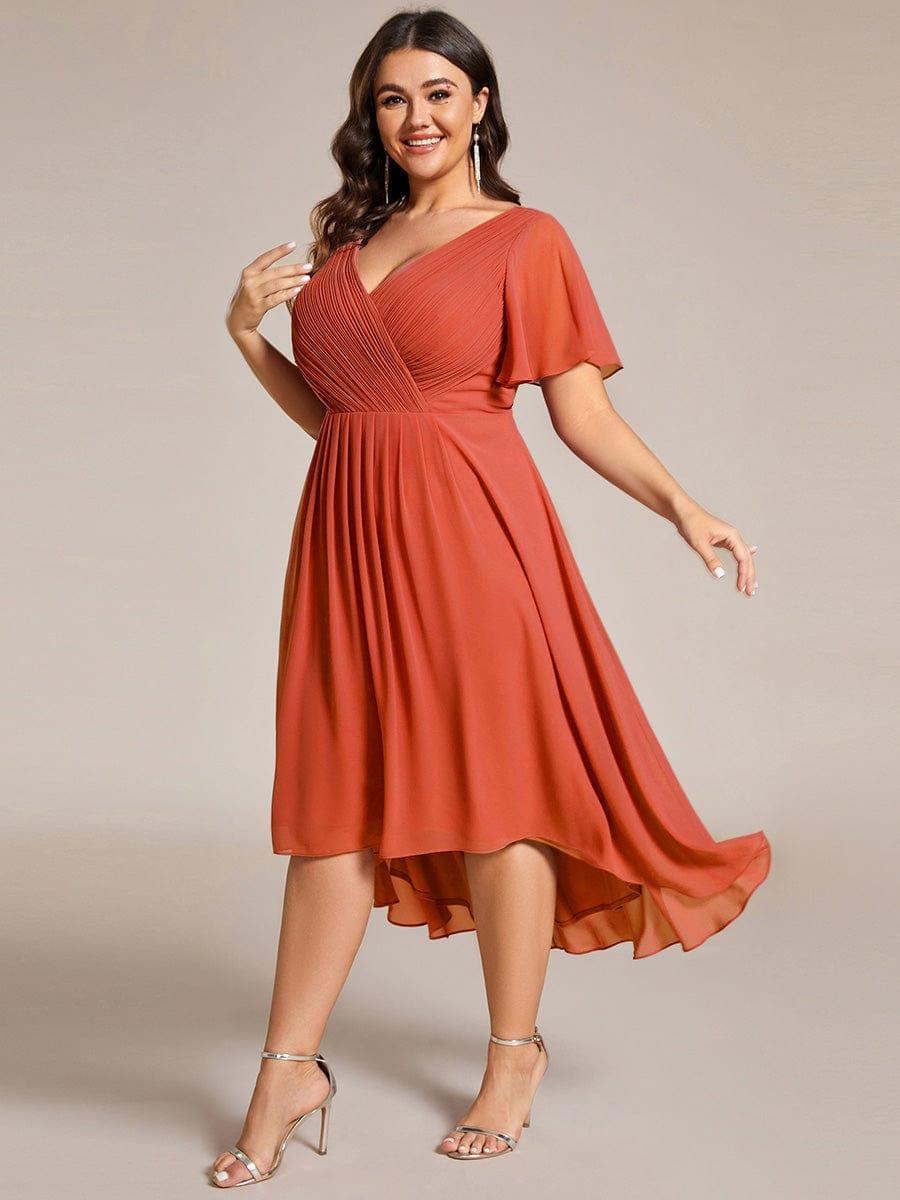 Plus Size Double V-Neck Ruffles Sleeve Chiffon Midi Wedding Guest Dress #color_Burnt Orange