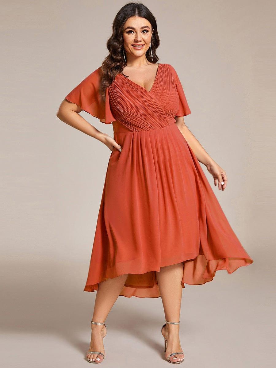 Plus Size Double V-Neck Ruffles Sleeve Chiffon Midi Wedding Guest Dress #color_Burnt Orange