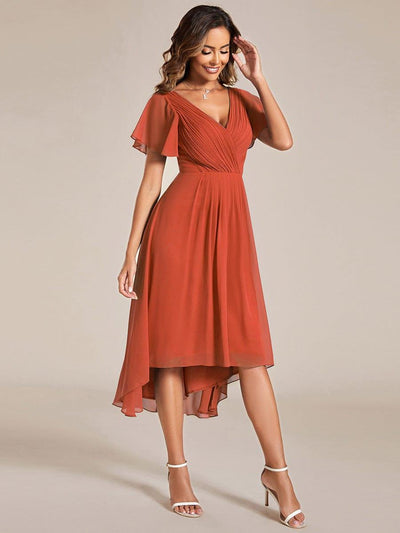 ever FAYE|Chic V Neck Asymmetrical Hem Ruffles Sleeve Pleated Chiffon Wedding Guest Dress