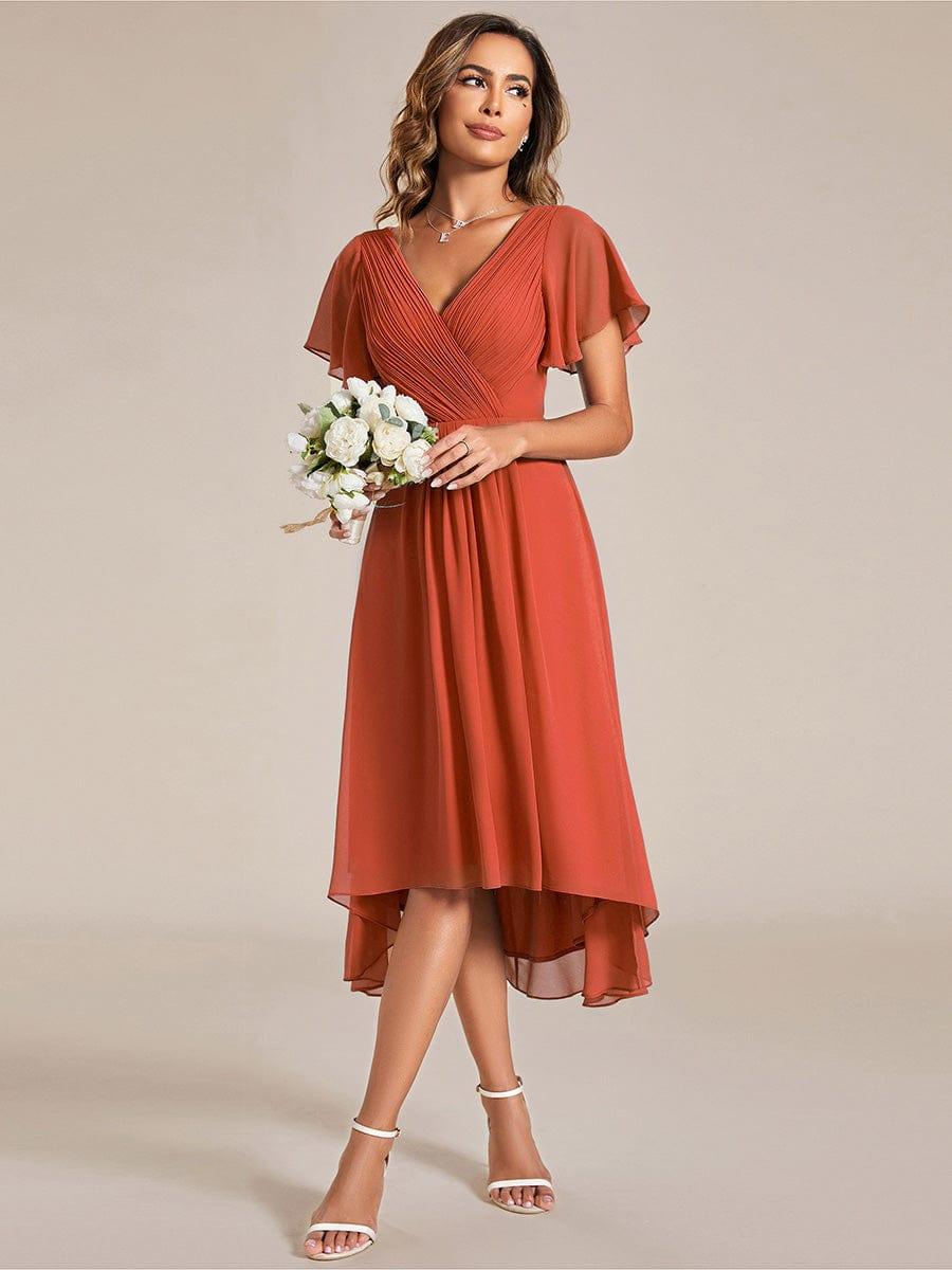 Plus Size Pleated Midi Ruffles Sleeve Chiffon Bridesmaid Dress #color_Burnt Orange