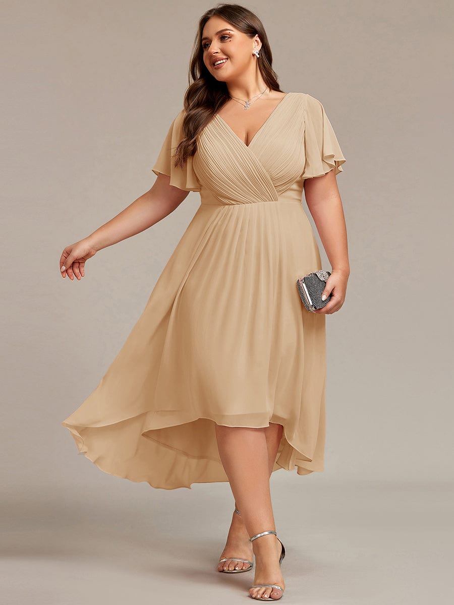Elegant V-Neck Flowy High-Low Short Sleeve Wedding Guest Dress #color_Champagne