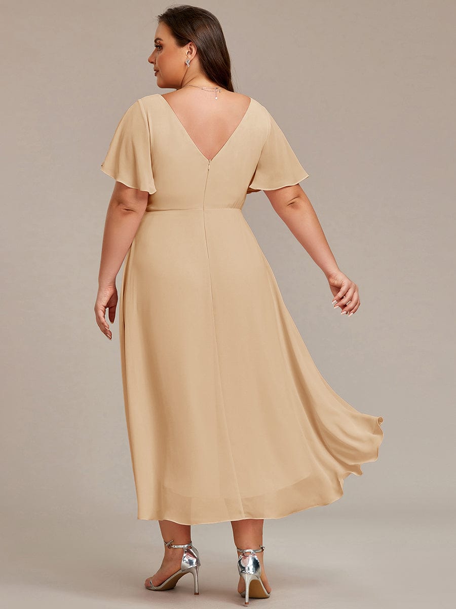 Elegant V-Neck Flowy High-Low Short Sleeve Wedding Guest Dress #color_Champagne