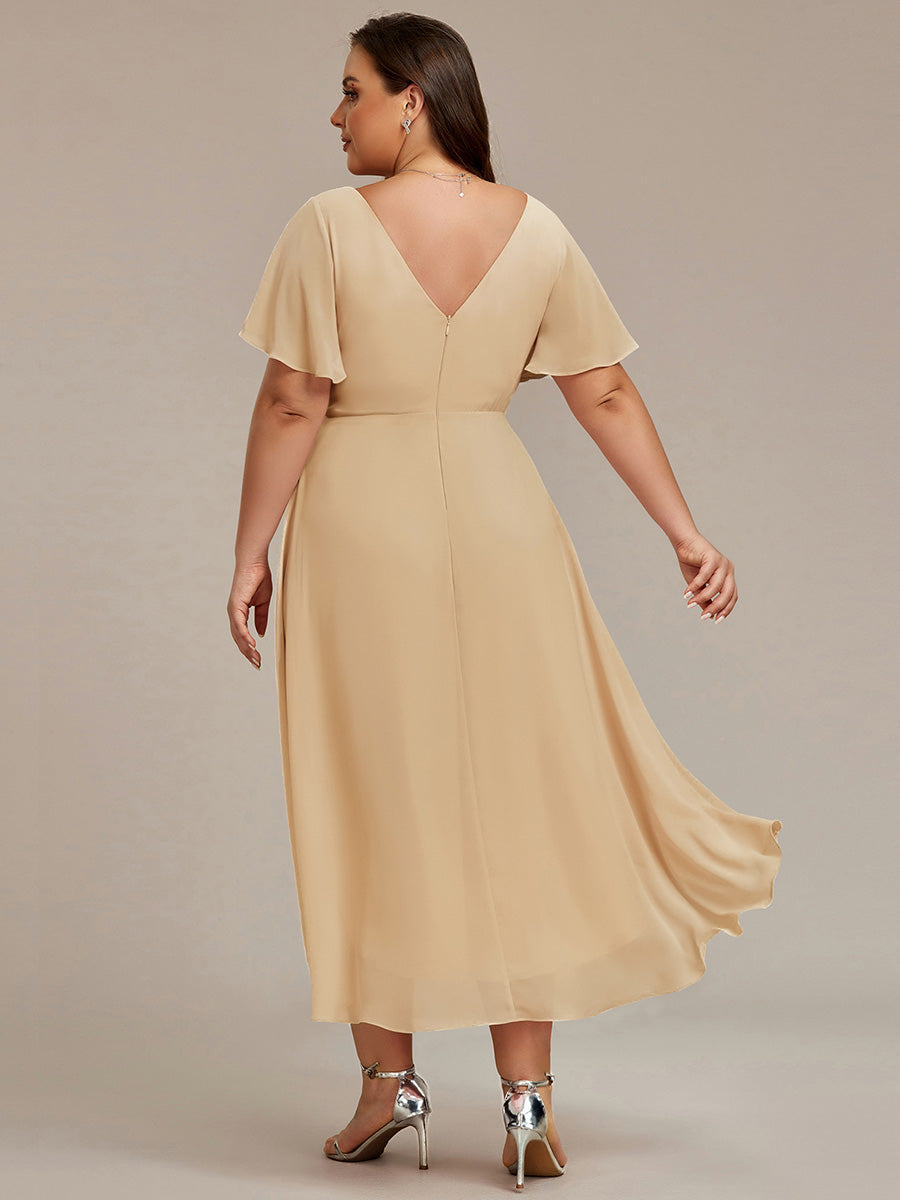 Plus Size V-Neck Pleated Chiffon Midi Wedding Guest Dress #color_Champagne