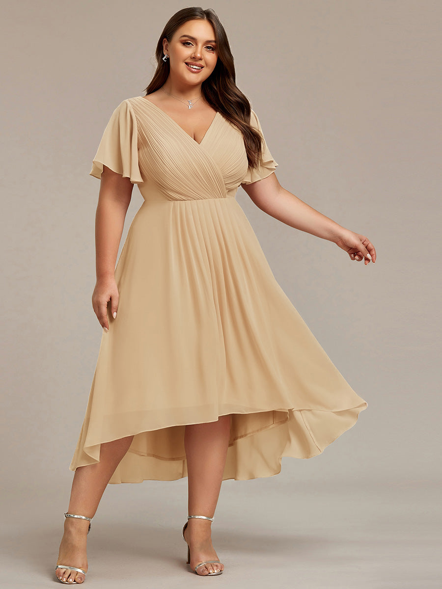 Elegant V-Neck Flowy High-Low Short Sleeve Wedding Guest Dress #color_Champagne