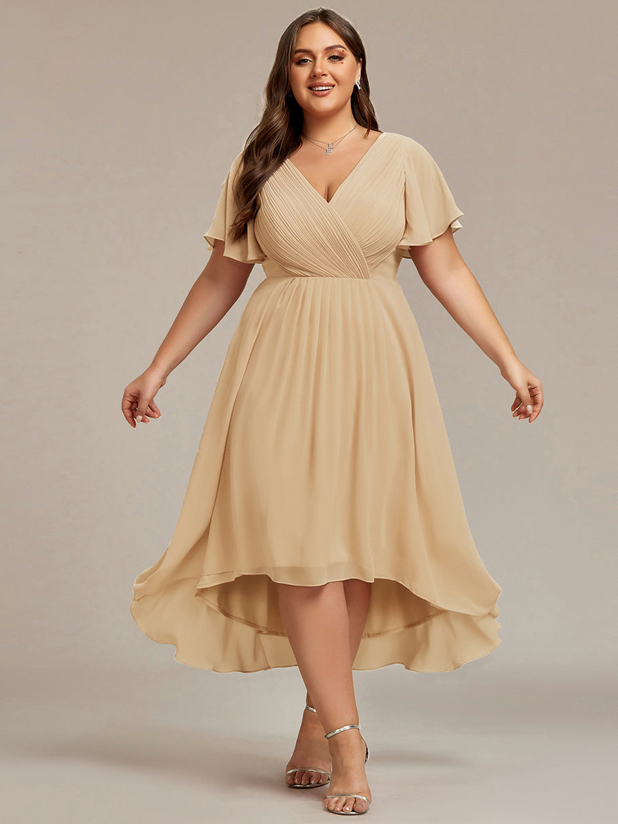Plus Size V-Neck Pleated Chiffon Midi Wedding Guest Dress #color_Champagne
