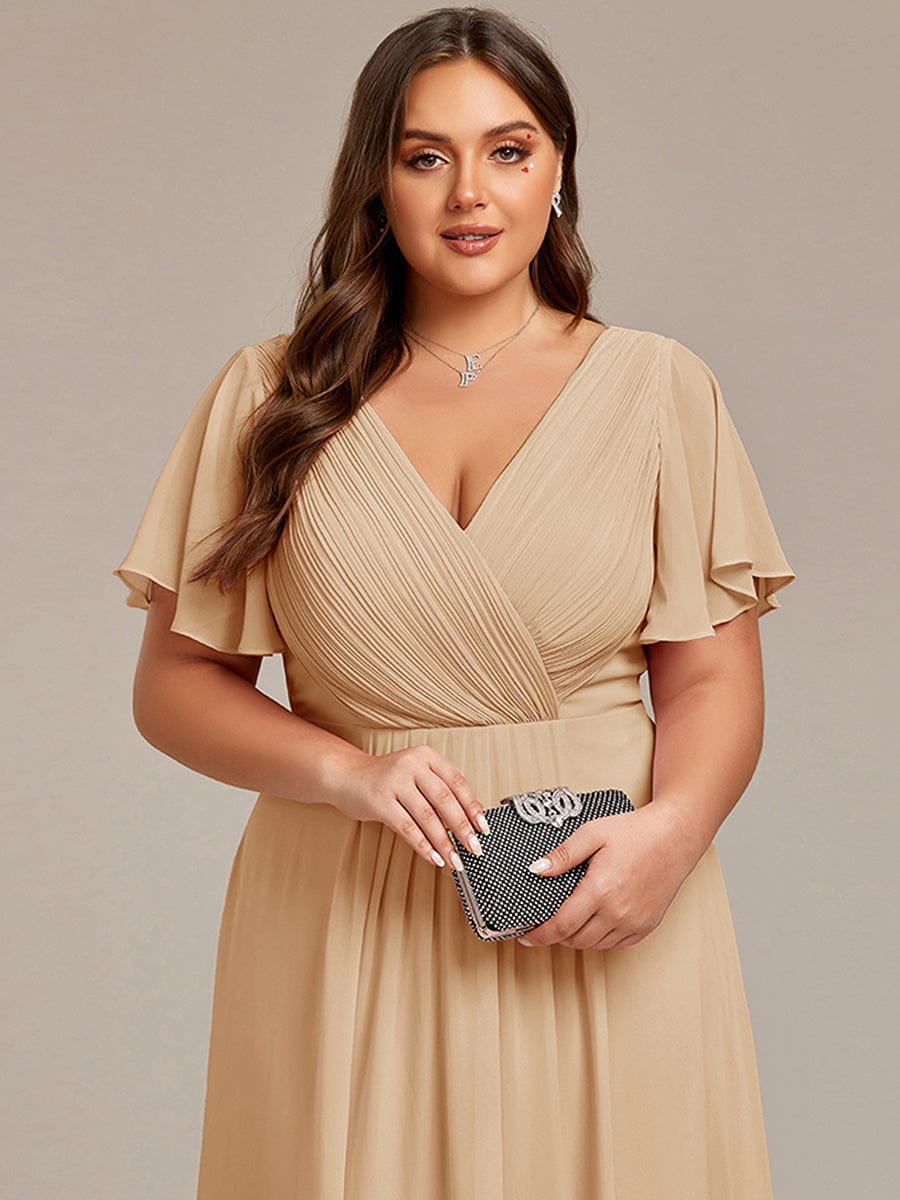 Elegant V-Neck Flowy High-Low Short Sleeve Wedding Guest Dress #color_Champagne