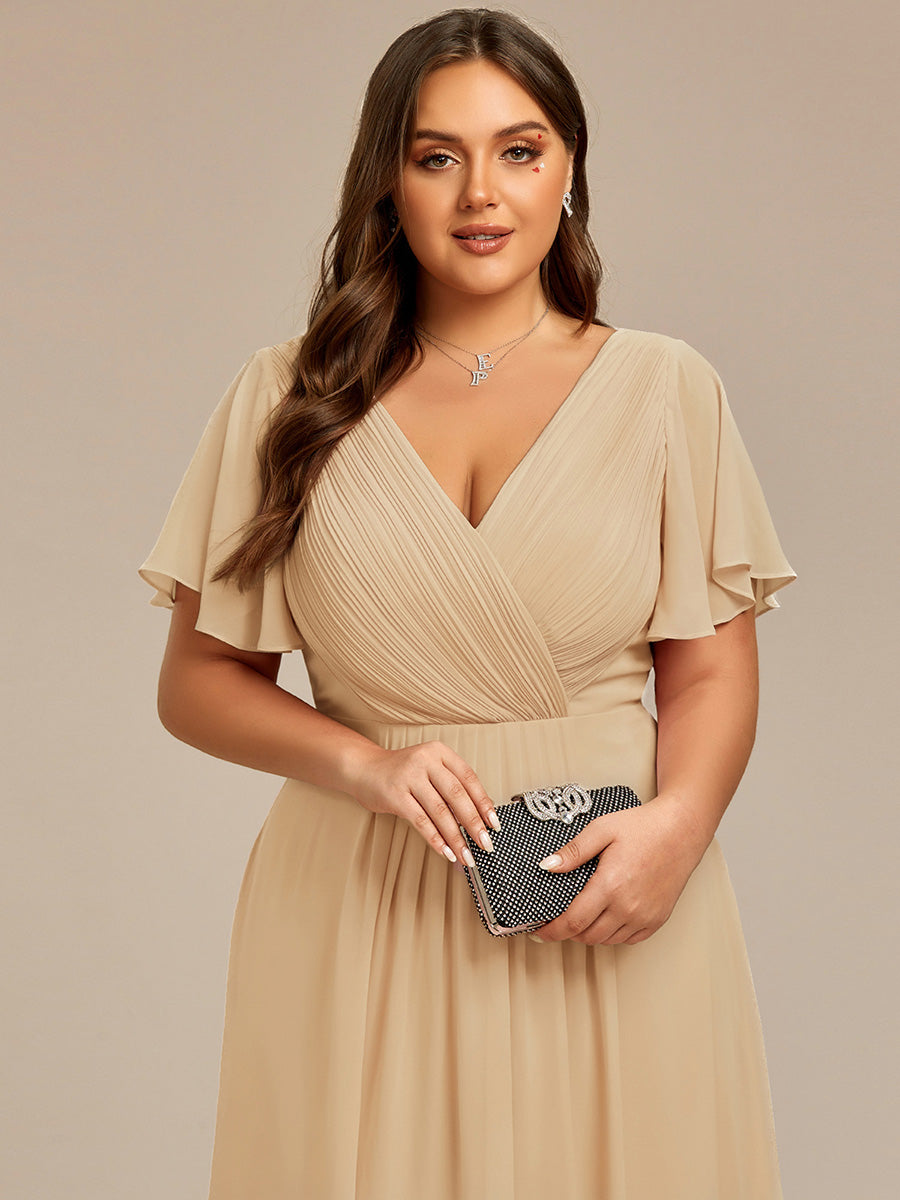 Plus Size V-Neck Pleated Chiffon Midi Wedding Guest Dress #color_Champagne