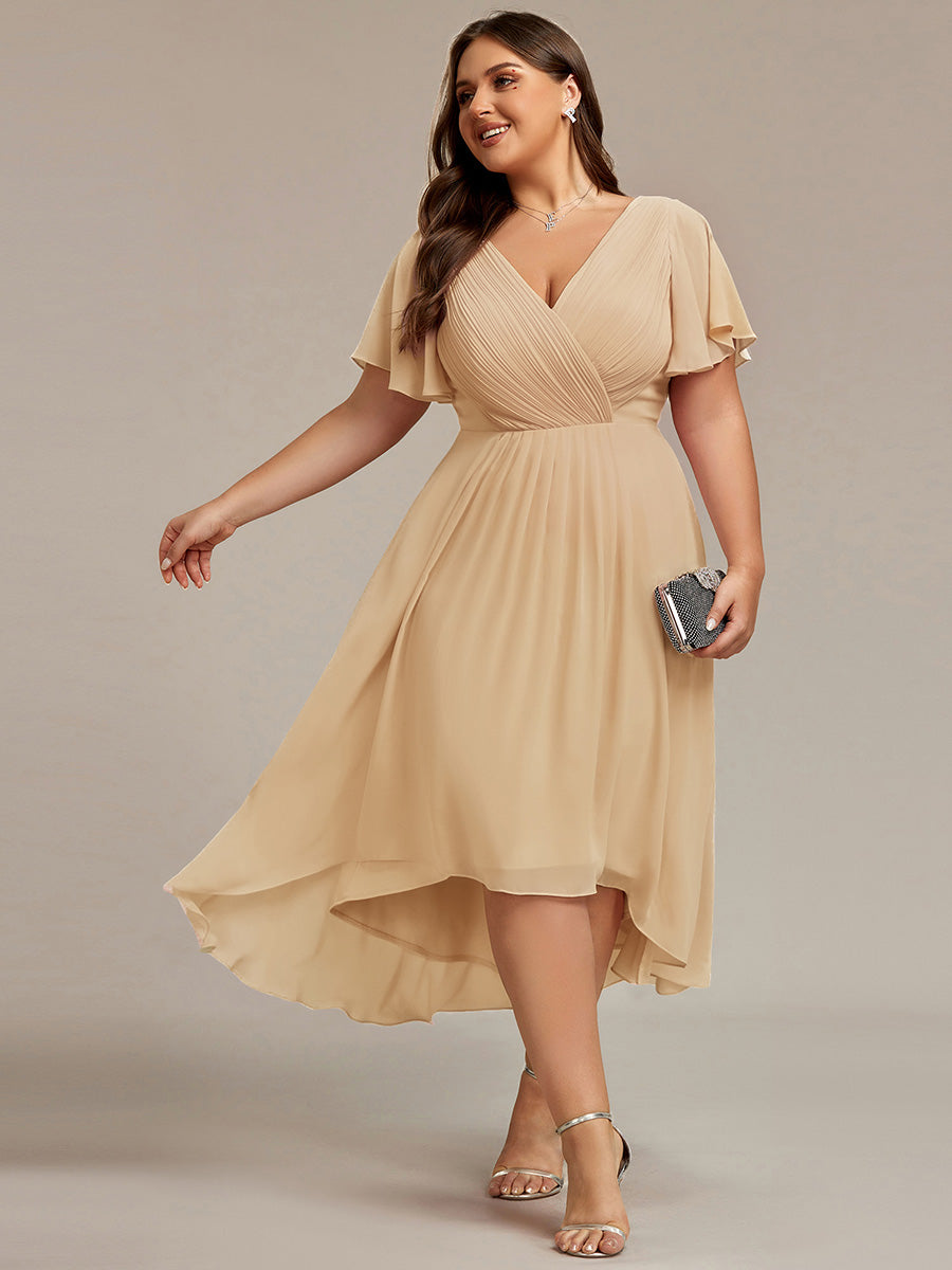 Pleated Asymmetrical Hem Ruffles Sleeve Chiffon Bridesmaid Dress #color_Champagne