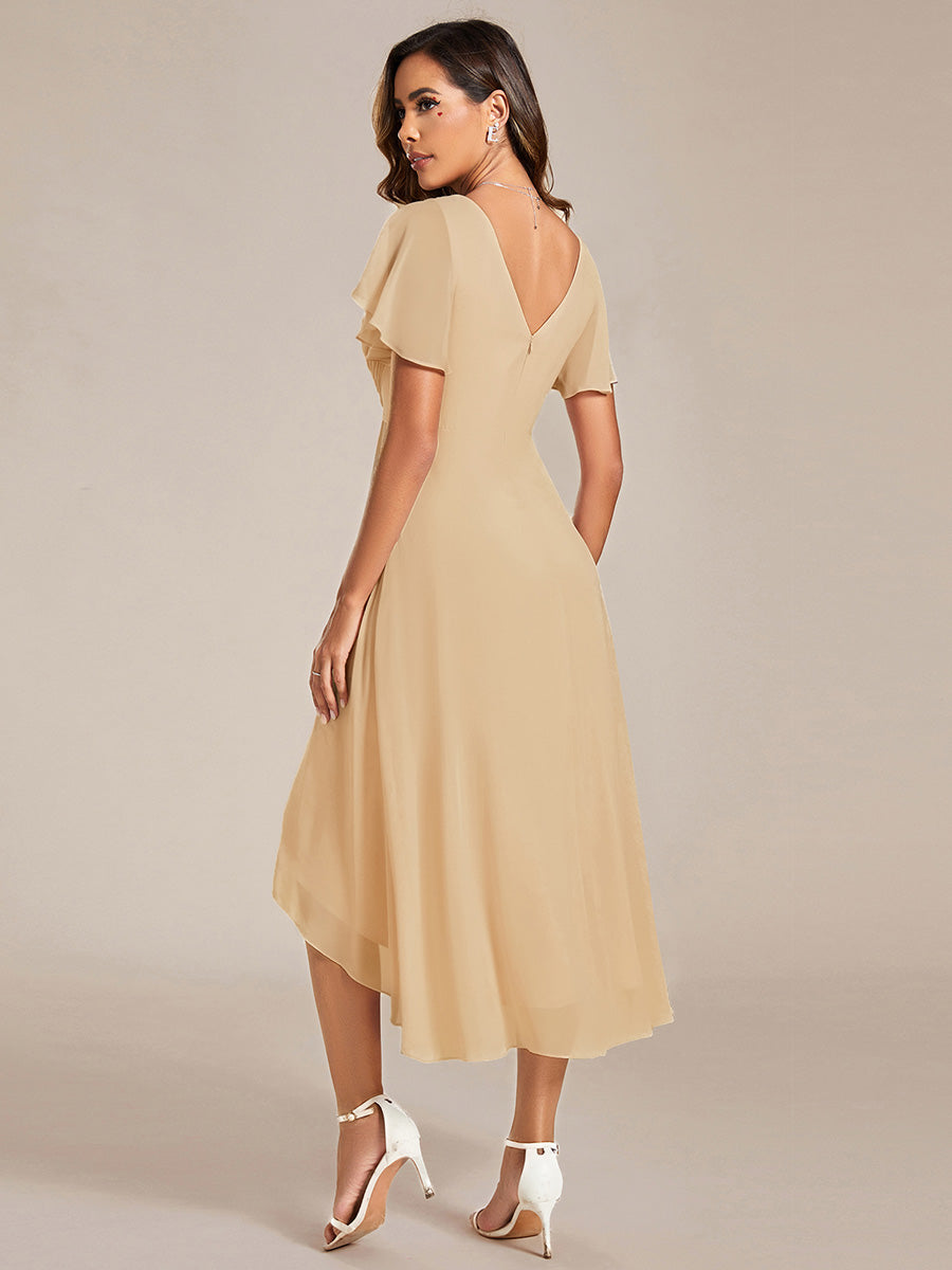 Plus Size V-Neck Pleated Chiffon Midi Wedding Guest Dress #color_Champagne
