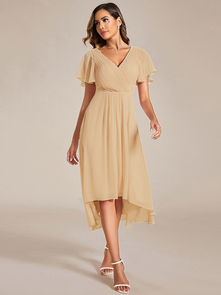 Plus Size V-Neck Pleated Chiffon Midi Wedding Guest Dress #color_Champagne