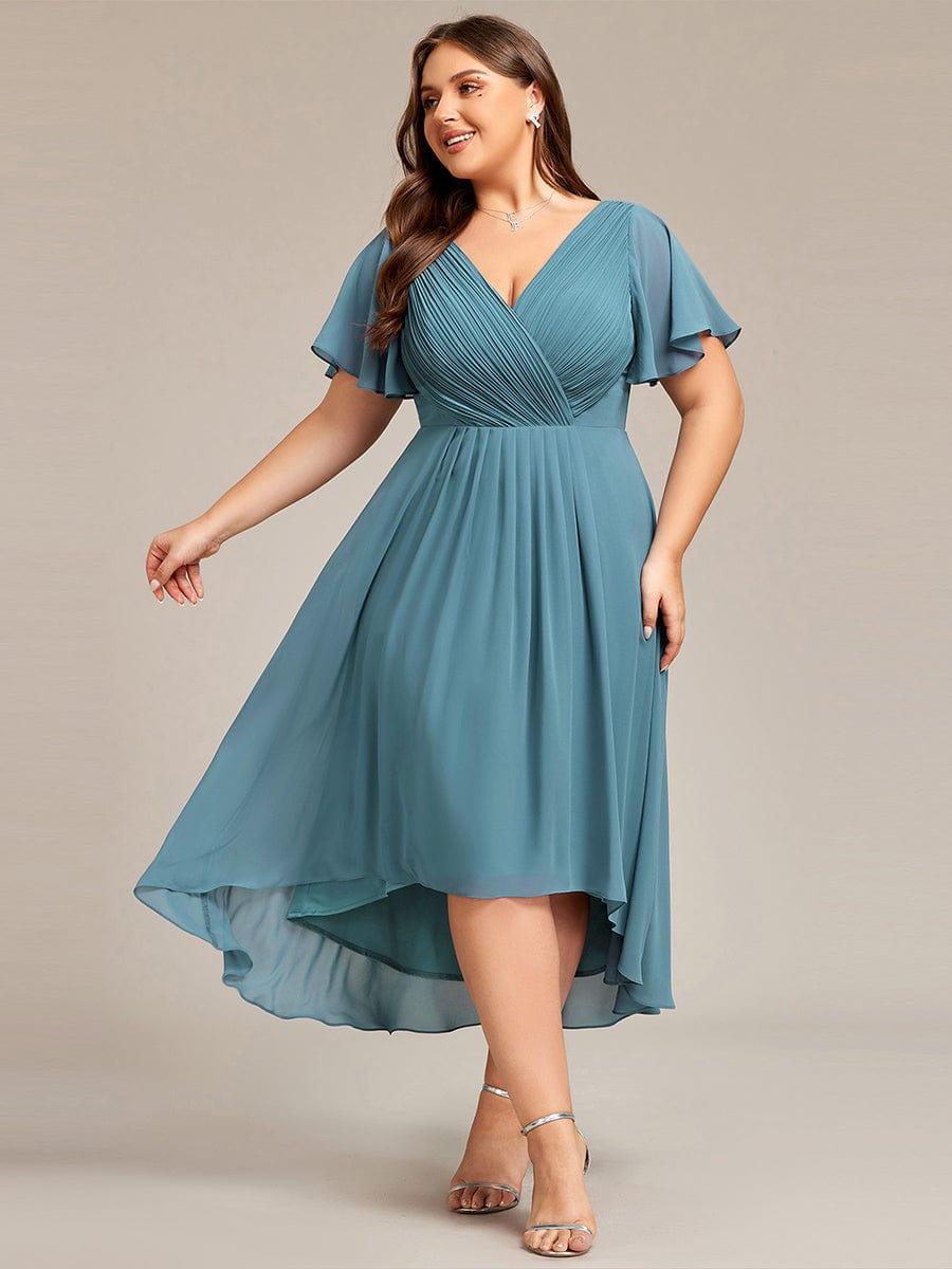 Plus Size Double V-Neck Ruffles Sleeve Chiffon Midi Wedding Guest Dress #color_Light Teal