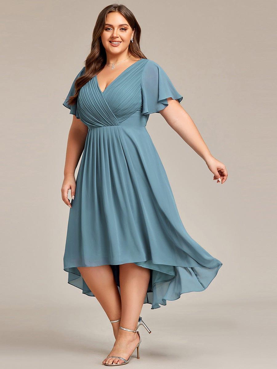 Plus Size Double V-Neck Ruffles Sleeve Chiffon Midi Wedding Guest Dress #color_Light Teal