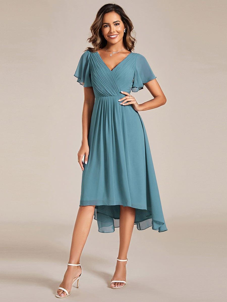 Chic V Neck Asymmetrical Hem Ruffles Sleeve Pleated Chiffon Wedding Guest Dress #color_Light Teal