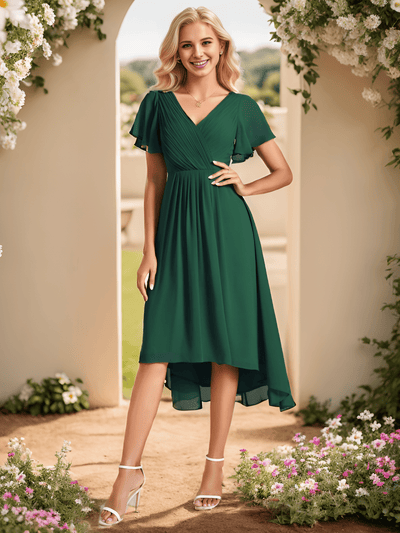 ever FAYE|Chic V Neck Asymmetrical Hem Ruffles Sleeve Pleated Chiffon Wedding Guest Dress