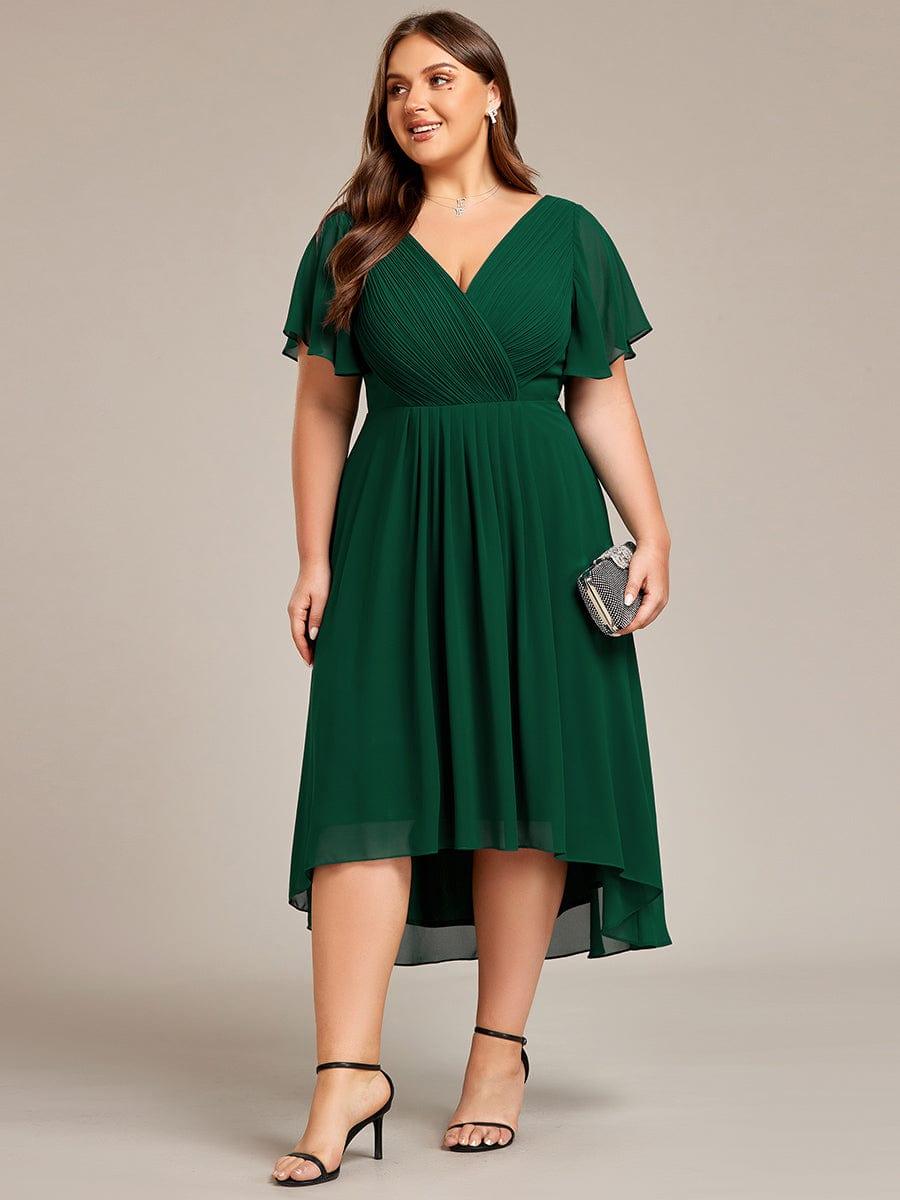 Plus Size Double V-Neck Ruffles Sleeve Chiffon Midi Wedding Guest Dress #color_Dark Green