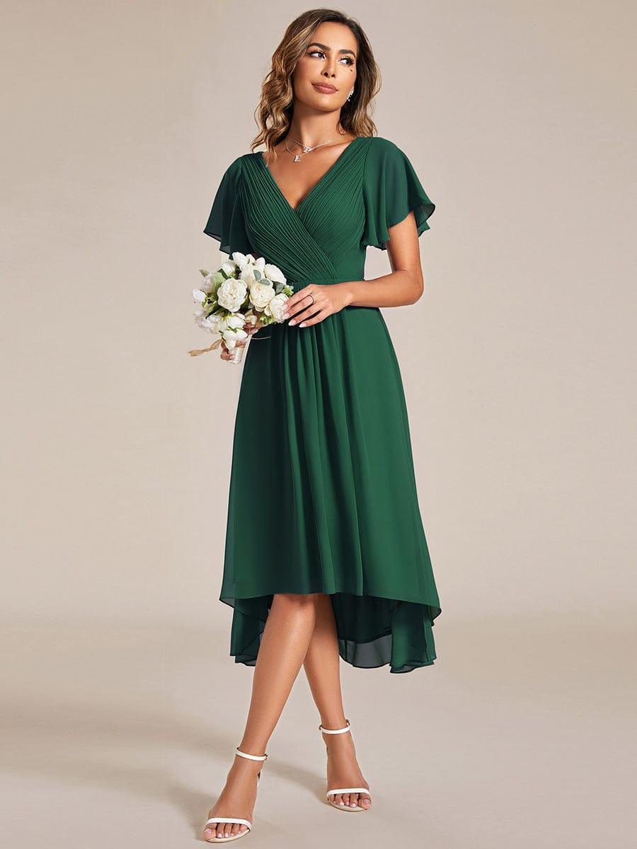 Plus Size Pleated Midi Ruffles Sleeve Chiffon Bridesmaid Dress #color_Dark Green