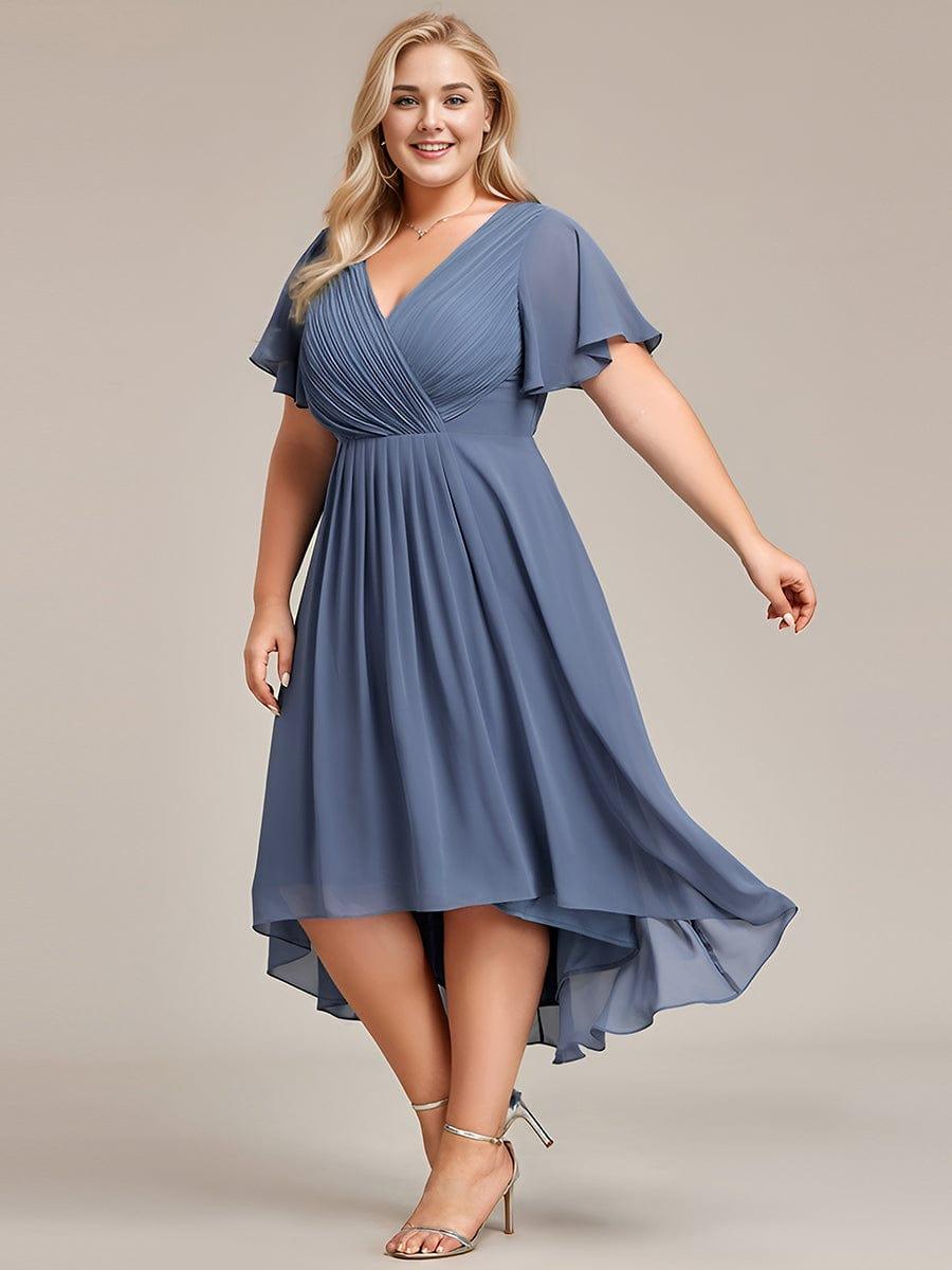 Plus Size V-Neck Pleated Chiffon Midi Wedding Guest Dress #color_Dusty Blue